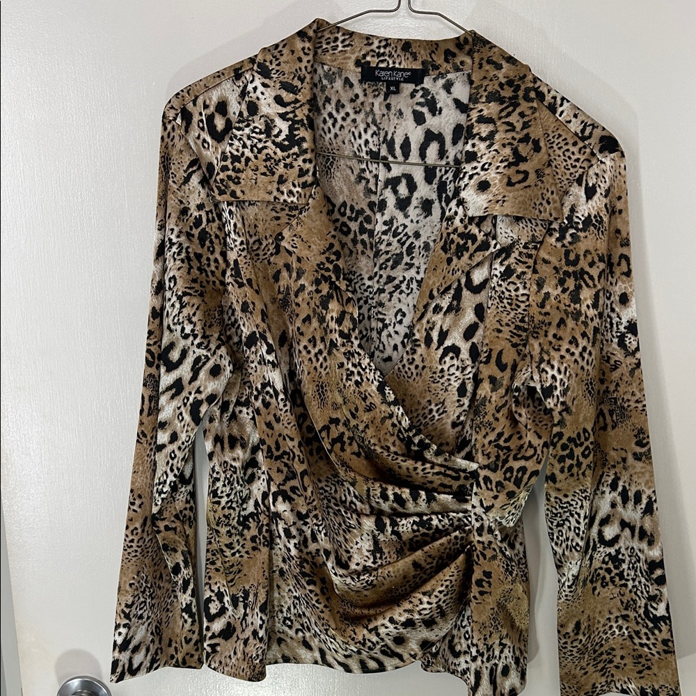 Karen Kane Leopard Print Silky Wrap Blouse, Size XL
